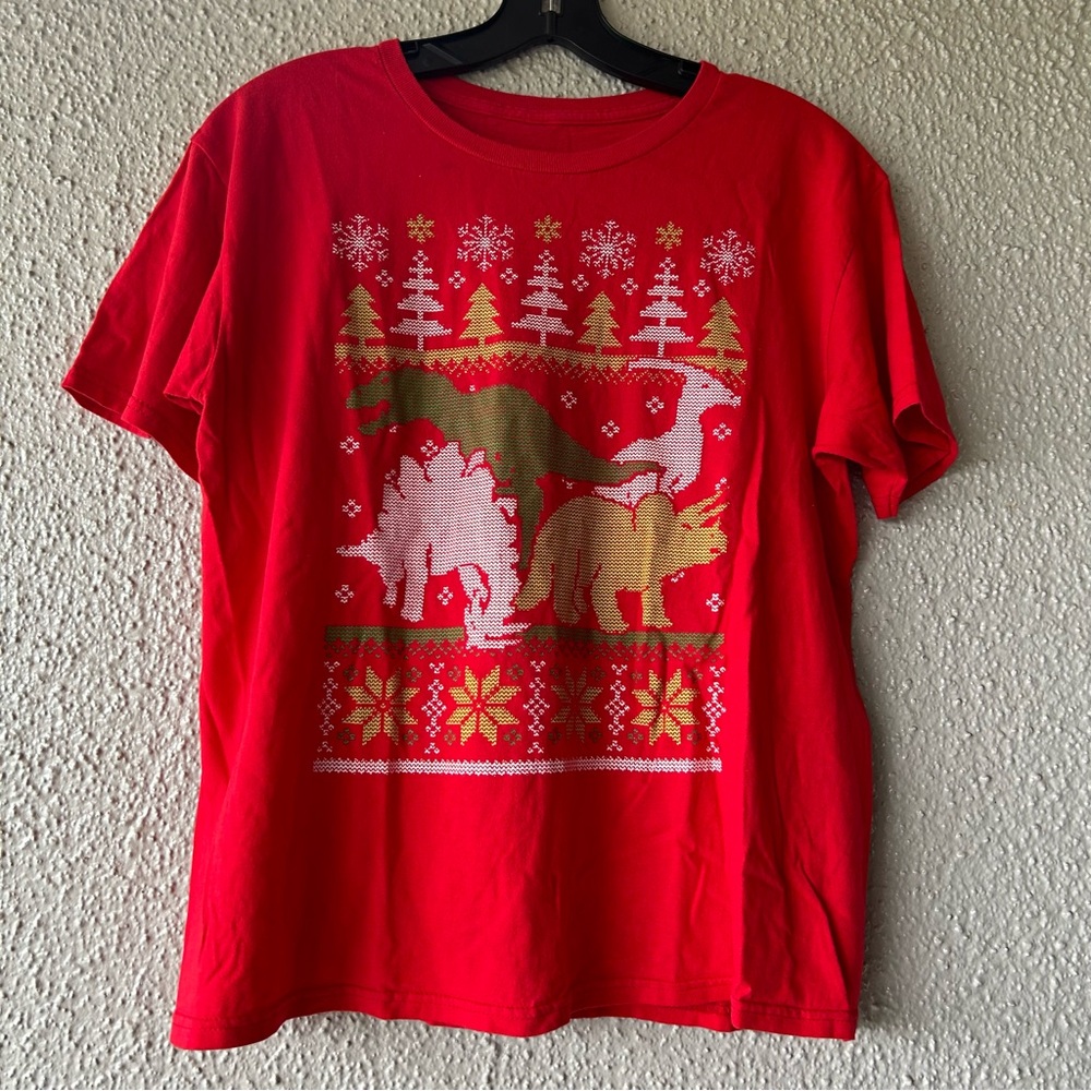 FIFTH SUN T-SHIRT XL BOY'S KID'S DINOSAUR CHRISTMAS GRAPHIC TEE RED
